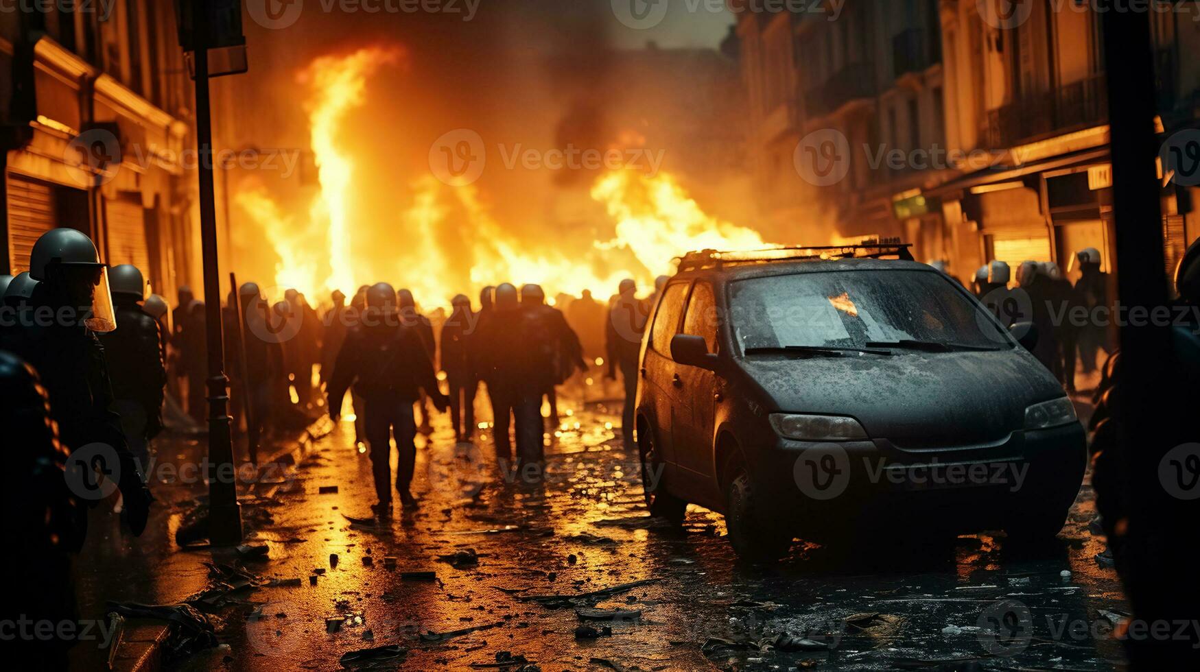 une documentaire de troubles, feu, et affrontement. spécial Obliger police avec équipement contagieux manifestants. génératif ai photo