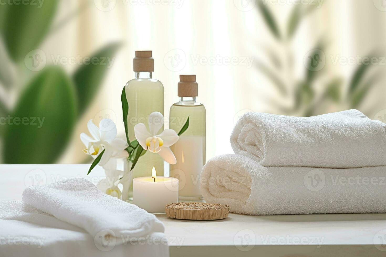 les serviettes avec beauté traitement articles réglage dans spa centre dans blanc chambre. génératif ai photo