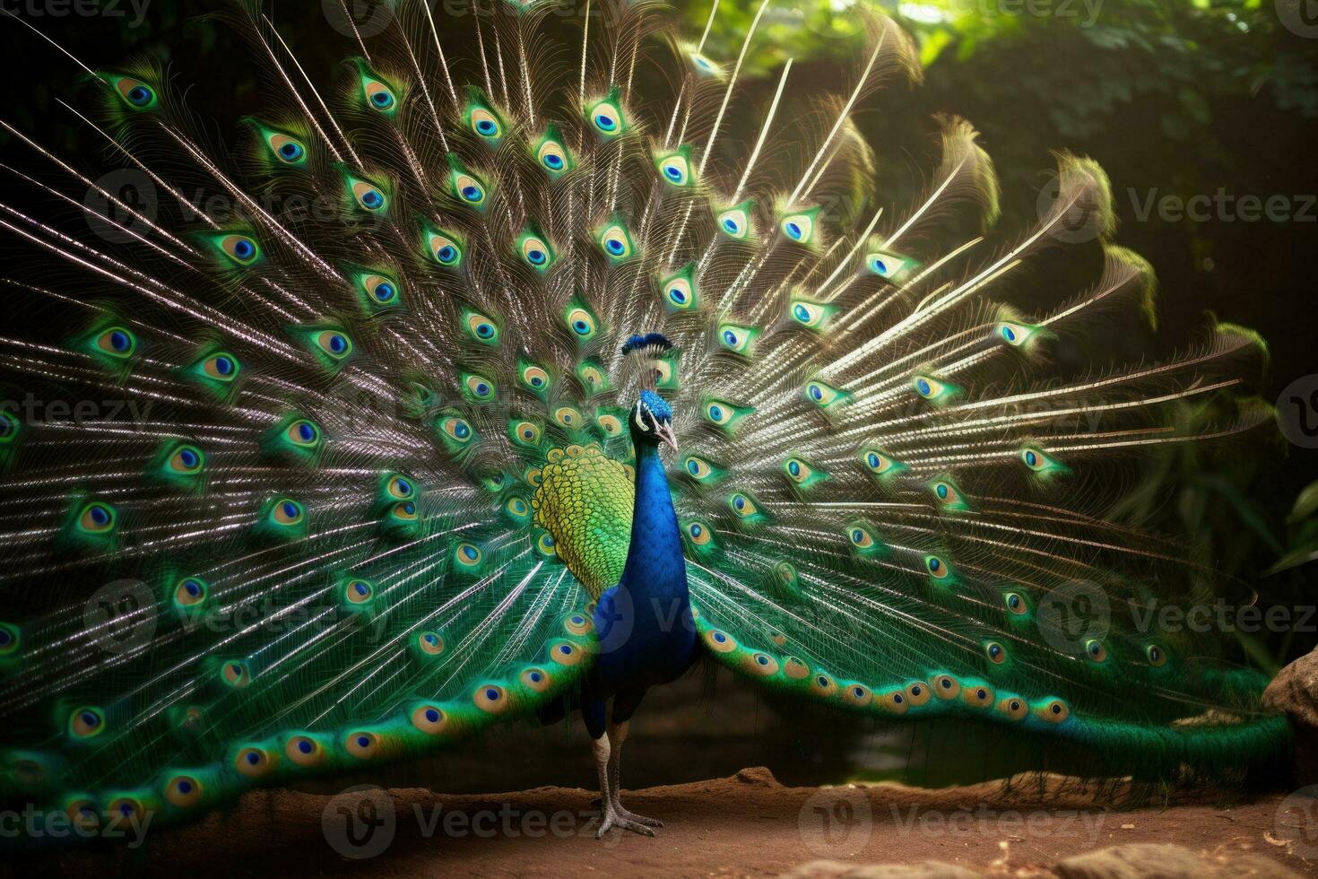 paon avec avec pleinement éventé bleu vert queue. génératif ai photo