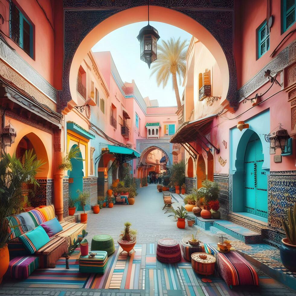 vibrant marrakech, une pictural périple par le labyrinthique des rues de Maroc. ai généré photo