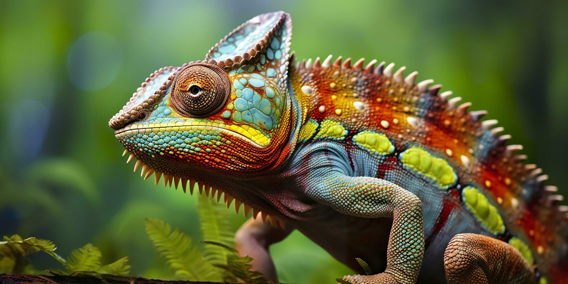 une coloré proche en haut caméléon avec une haute crête sur ses diriger. génératif ai photo