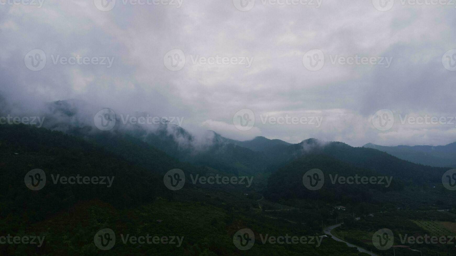 aérien vue de tropical forêt avec brouillard dans le Matin. Haut vue de drone de magnifique Montagne tropical forêt pendant hiver dans Thaïlande. Naturel paysage Contexte. photo