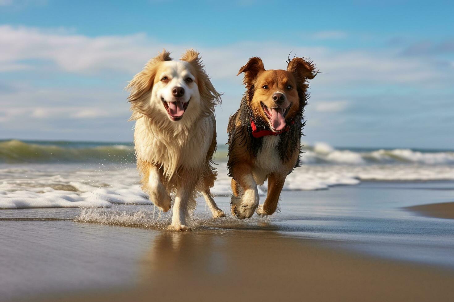 un image de deux chiens en marchant sur une plage suivant à le océan, génératif ai photo