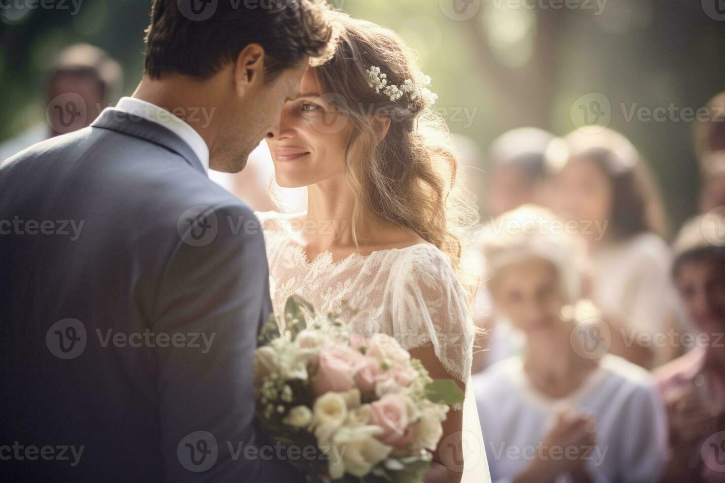 jeune marié et la mariée dans mariage Robes sur une bondé Contexte photo