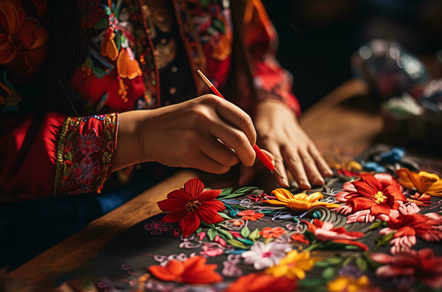 femme La peinture vibrant fleurs sur noir papier photo