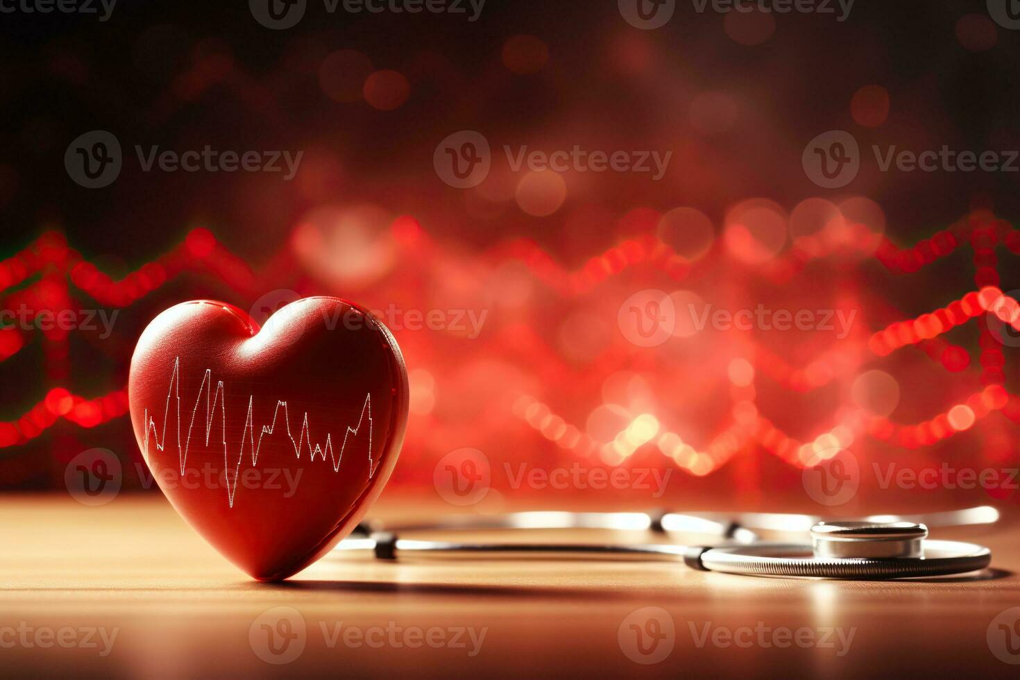 rouge cœur avec cardiogramme ligne et stéthoscope sur le tableau. rouge bokeh dans le Contexte. soins de santé et médicament concept. généré par artificiel intelligence photo