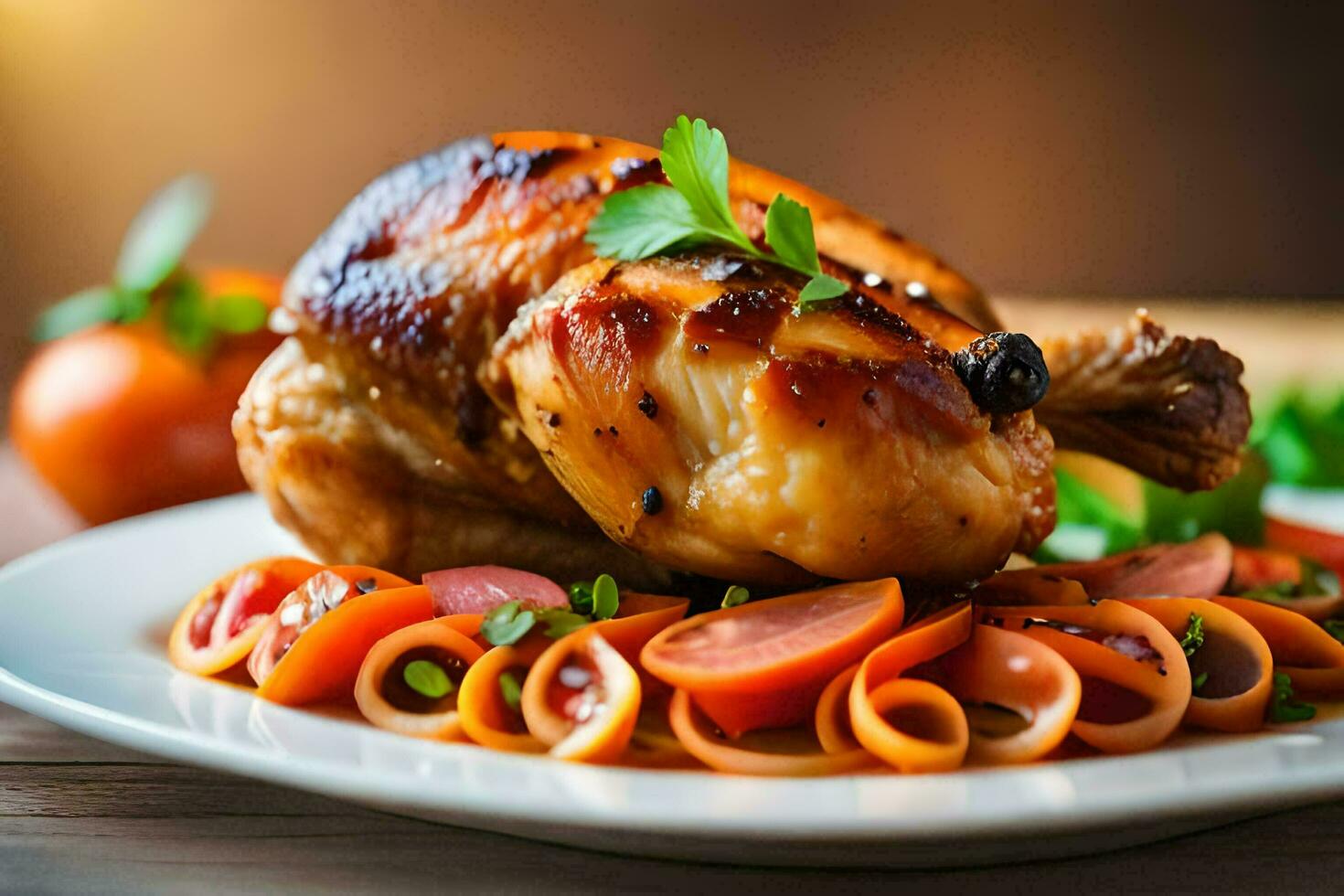 une poulet avec carottes et tomates sur une plaque. généré par ai photo