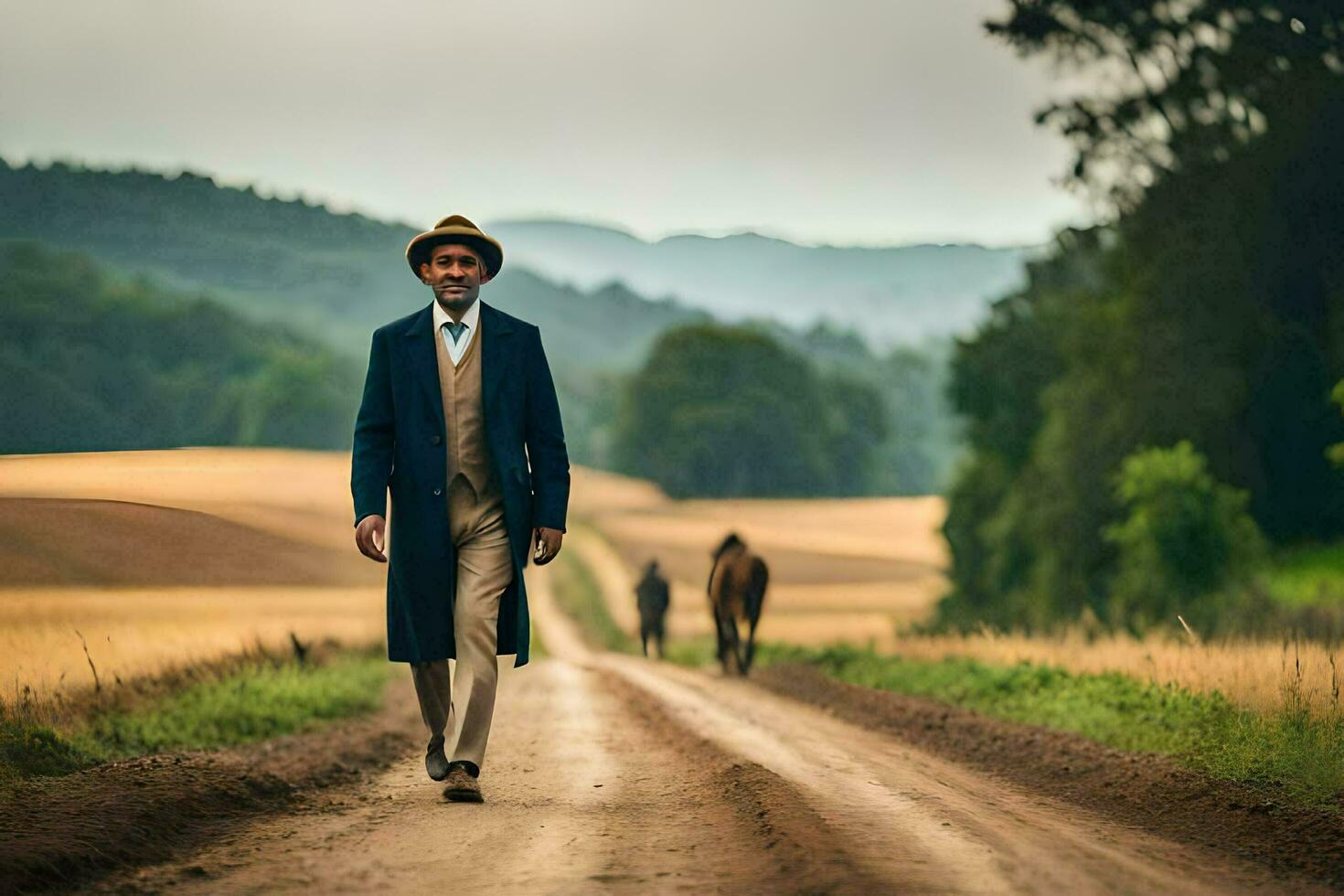 une homme dans une costume et chapeau en marchant vers le bas une saleté route. généré par ai photo