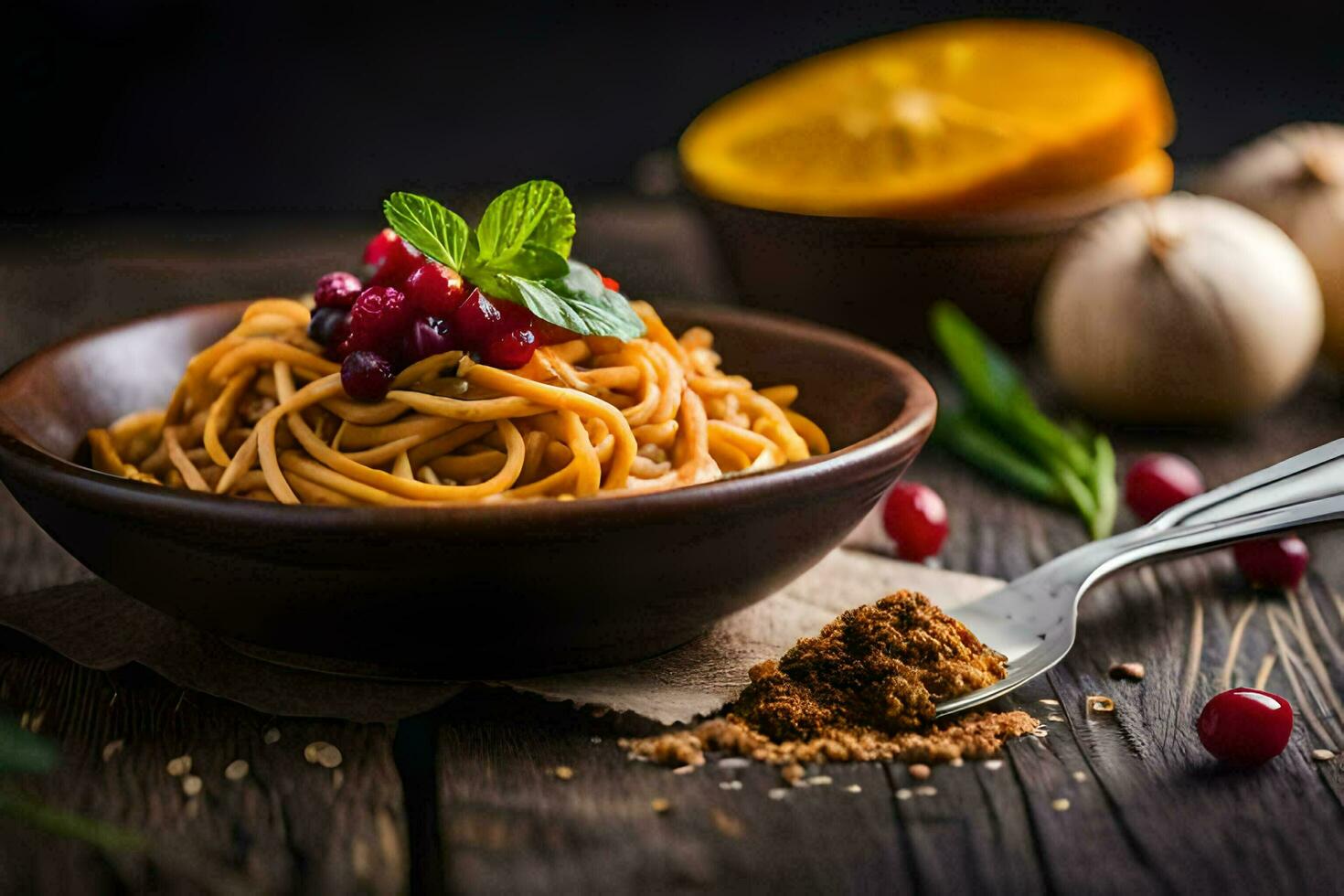 spaghetti avec canneberges et épices dans une bol. généré par ai photo