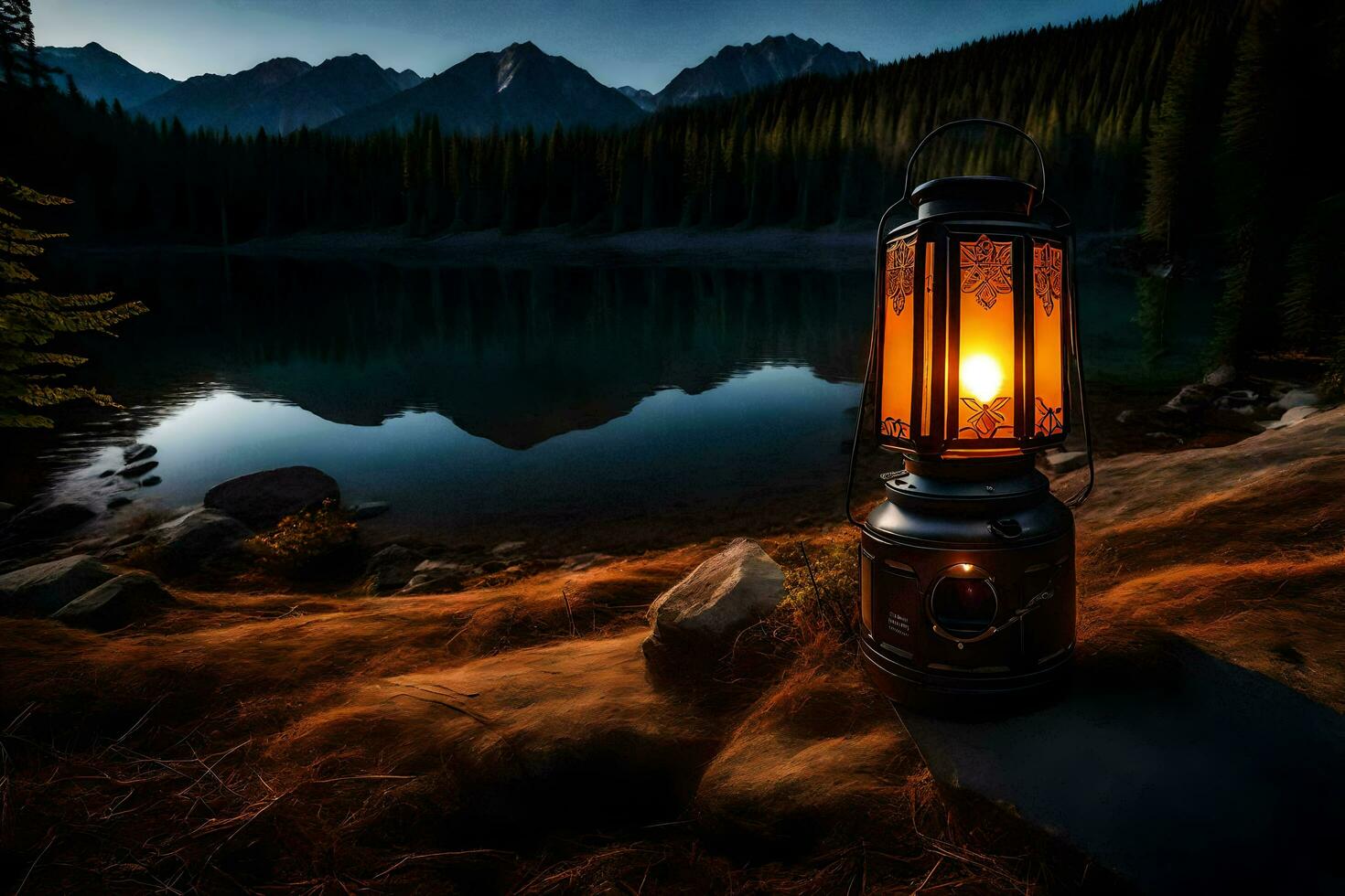 une lanterne est allumé en haut par le lumière de le lune dans de face de une lac. généré par ai photo