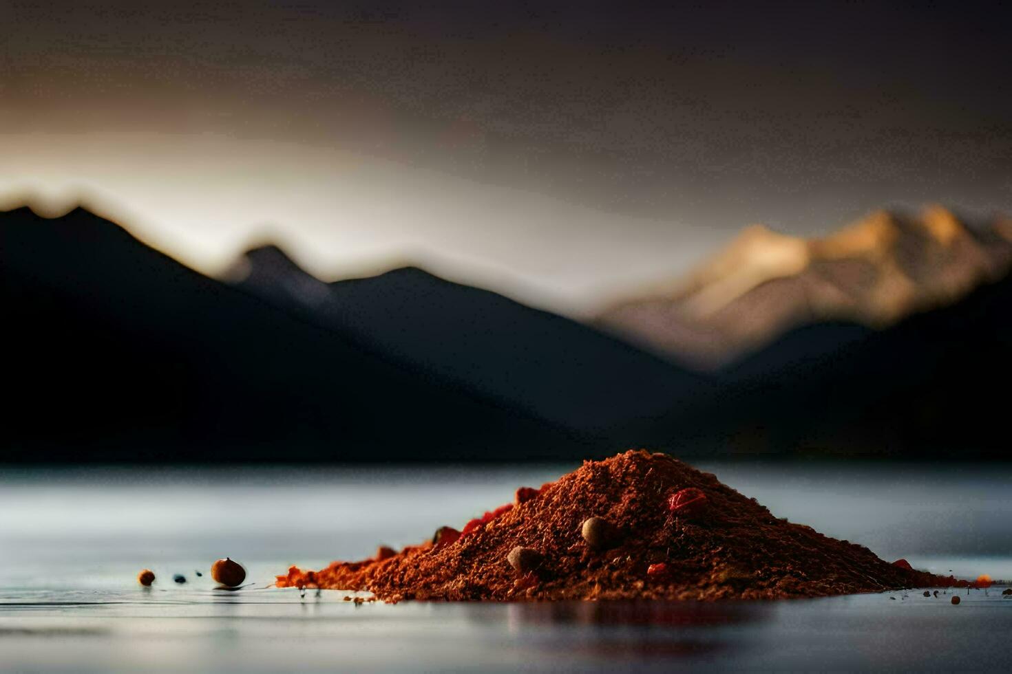 une pile de rouge poudre séance sur le l'eau avec montagnes dans le Contexte. généré par ai photo