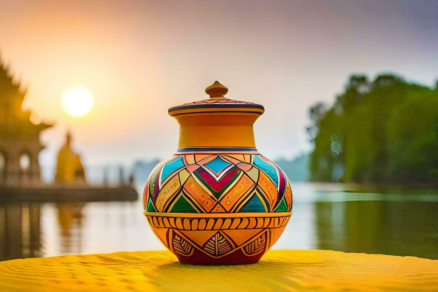 une coloré vase séance sur une Jaune chiffon. généré par ai photo