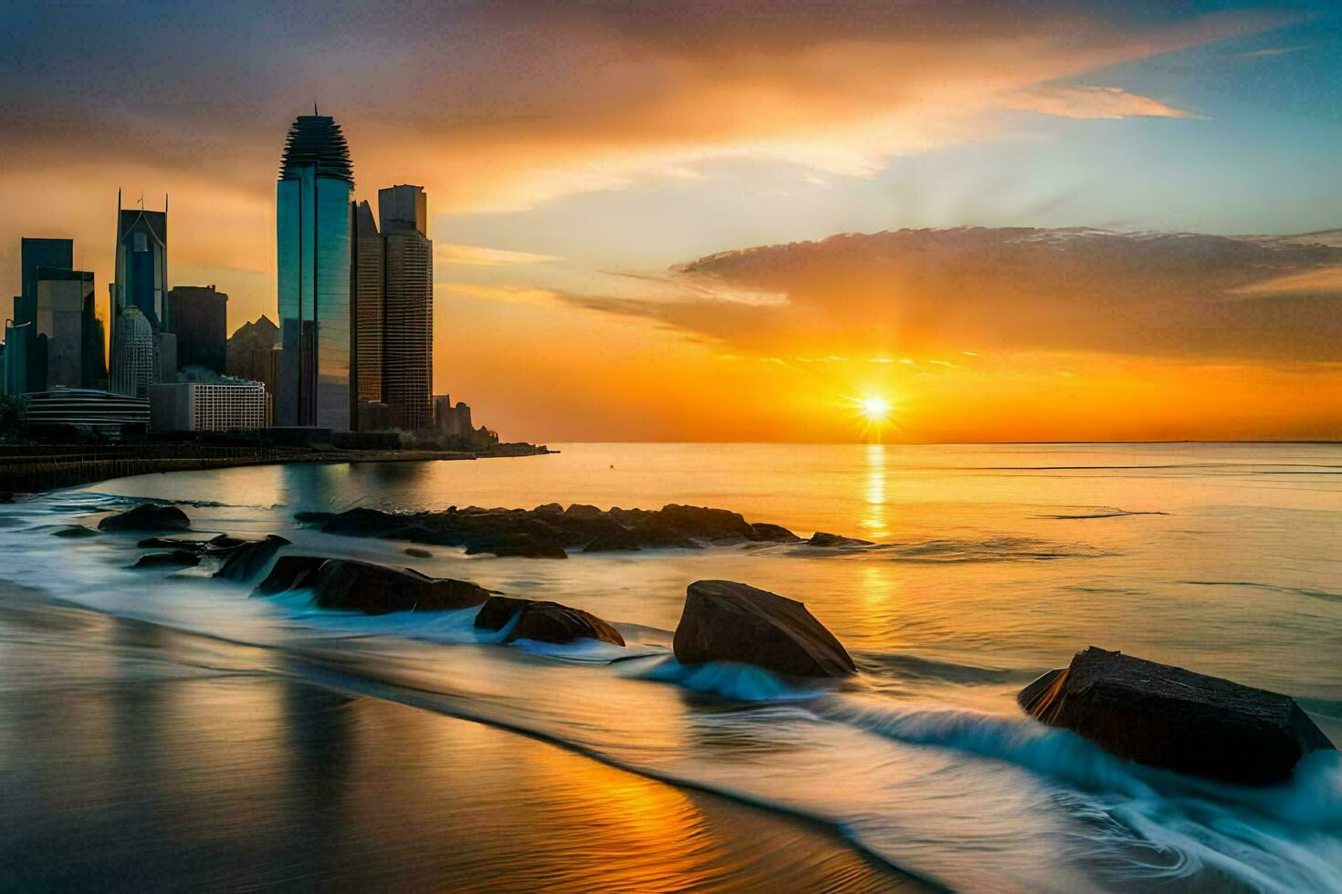 le Soleil ensembles plus de le ville horizon dans Dubai. généré par ai photo