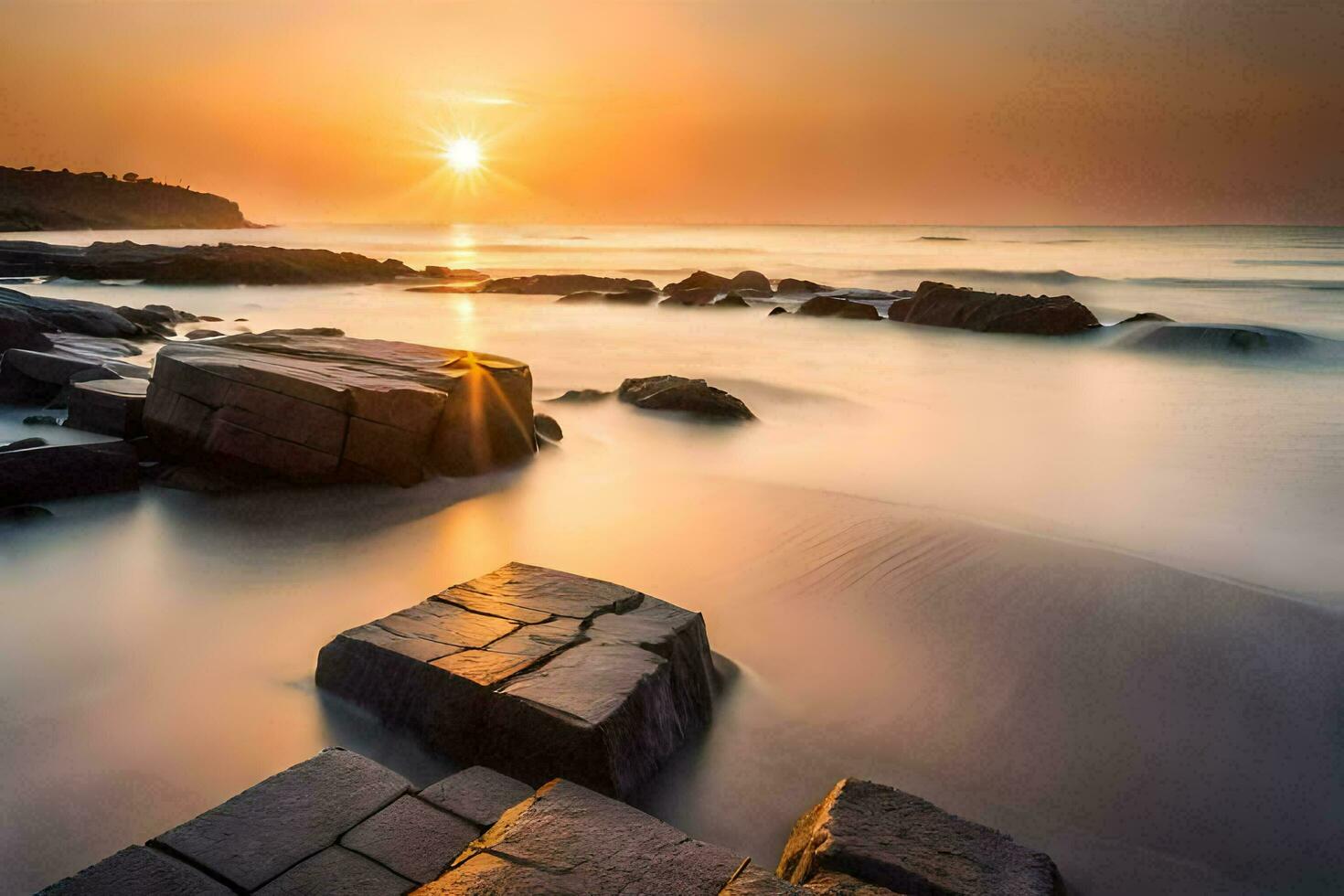 le Soleil monte plus de le océan et rochers. généré par ai photo