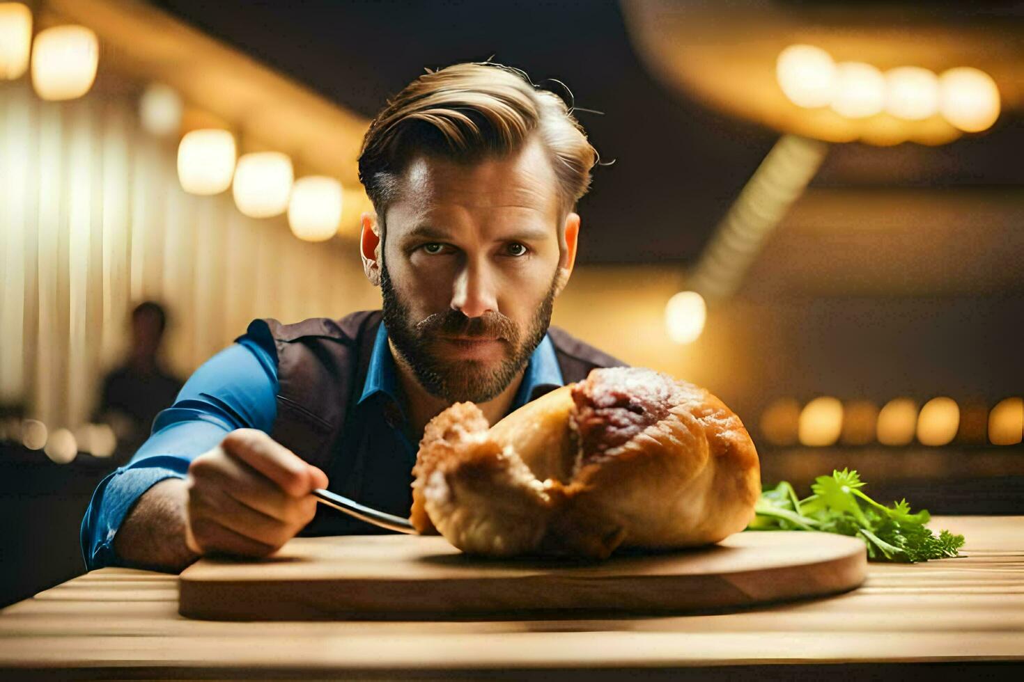 une homme est en portant une couteau et fourchette tandis que séance à une table avec une Turquie. généré par ai photo