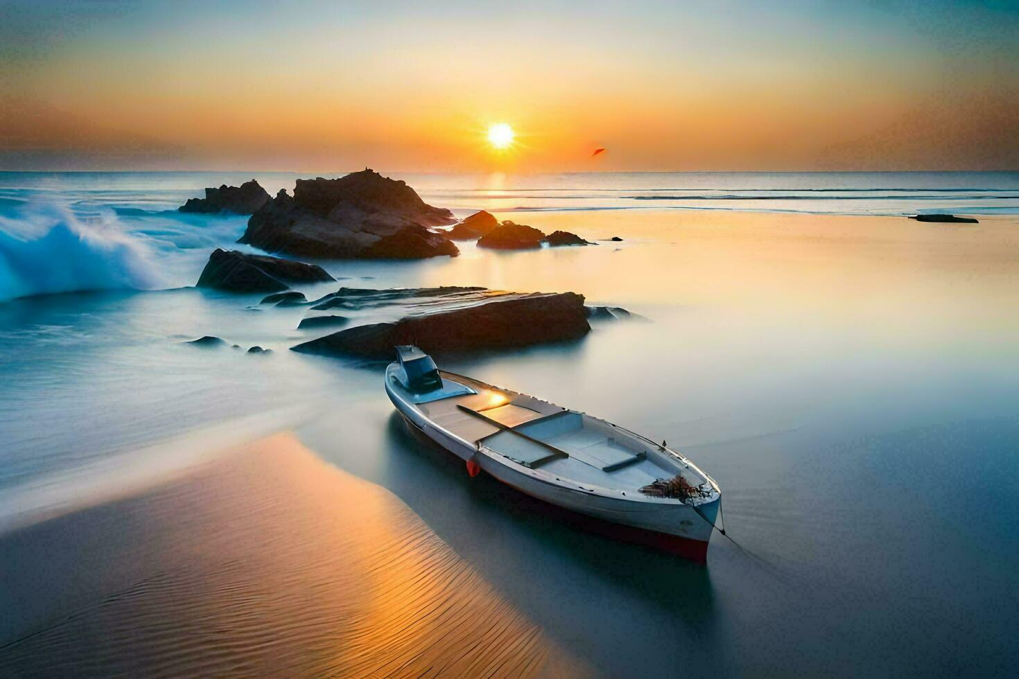 une bateau est assis sur le plage à le coucher du soleil. généré par ai photo