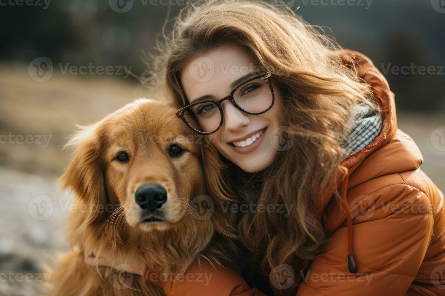 souriant femme avec épilepsie embrassement sa émotif soutien chien dans parc photo