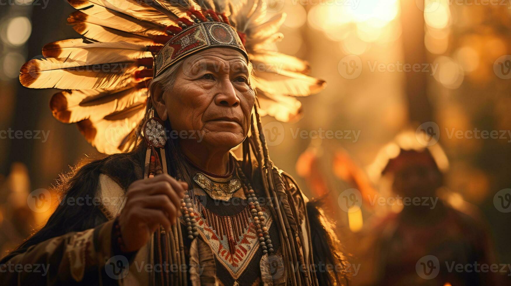 originaire de américain tribal chef dans traditionnel cérémonial insignes royaux performant ancestral Danse photo