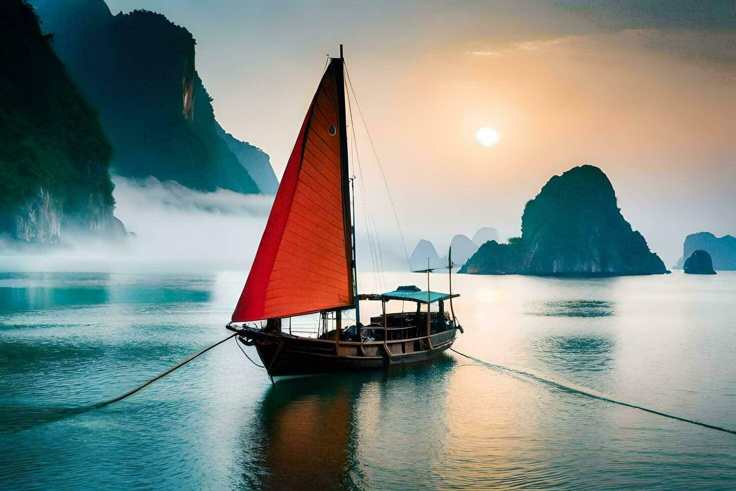 une bateau avec une rouge voile dans le l'eau. généré par ai photo