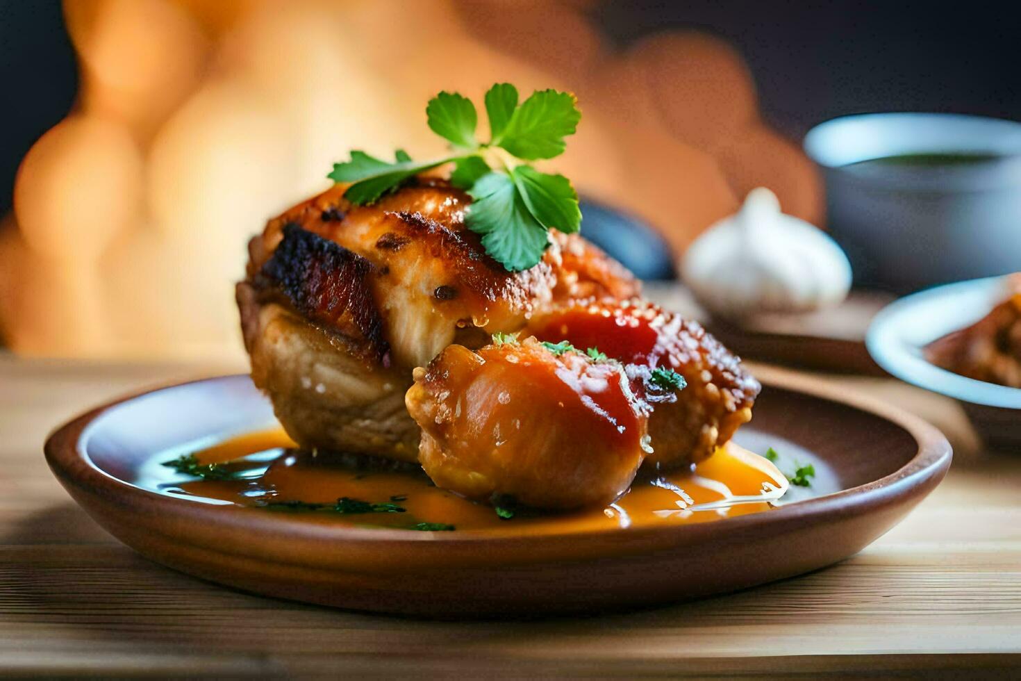 une poulet Sein avec sauce et garnir sur une plaque. généré par ai photo