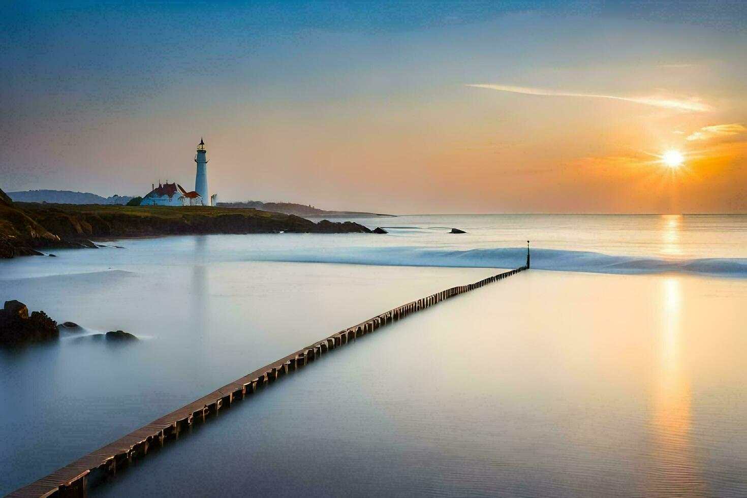 une phare à le coucher du soleil avec une longue jetée. généré par ai photo