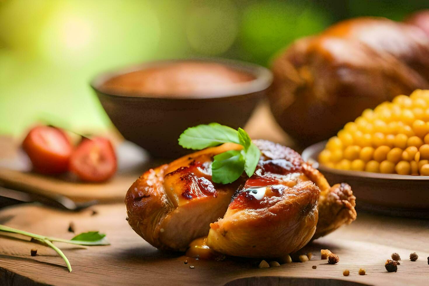 une assiette de poulet, blé et des légumes. généré par ai photo