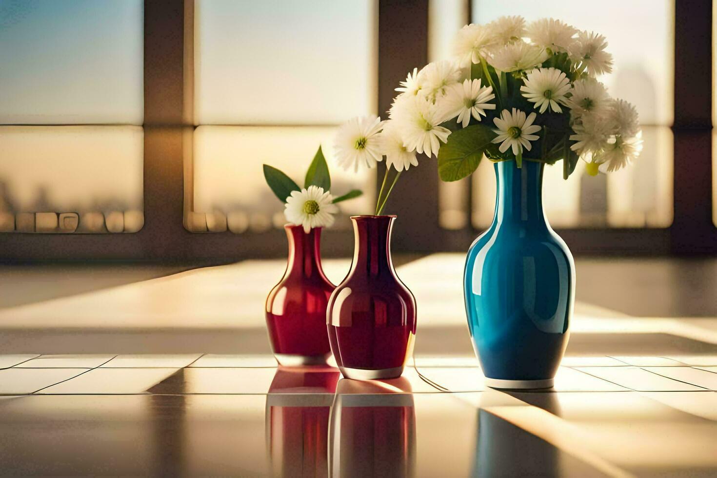 Trois des vases avec fleurs sur une tableau. généré par ai photo