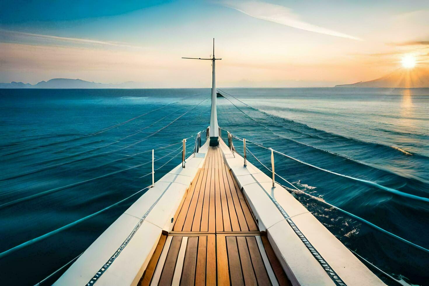 le arc de une bateau est vu à le coucher du soleil. généré par ai photo