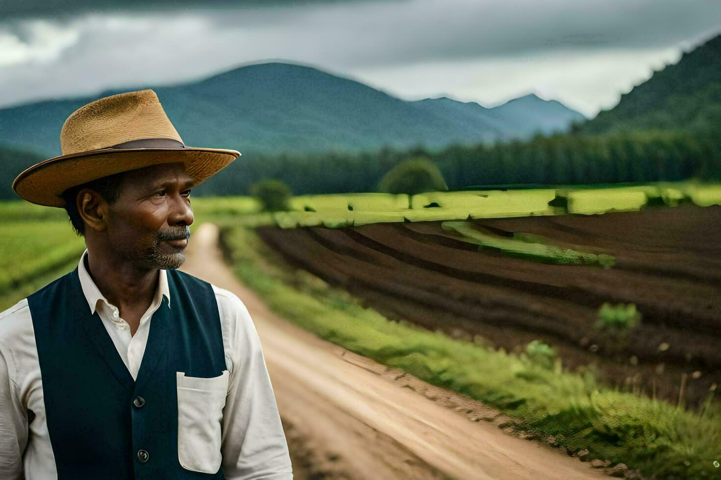 une homme dans une chapeau permanent sur une saleté route. généré par ai photo