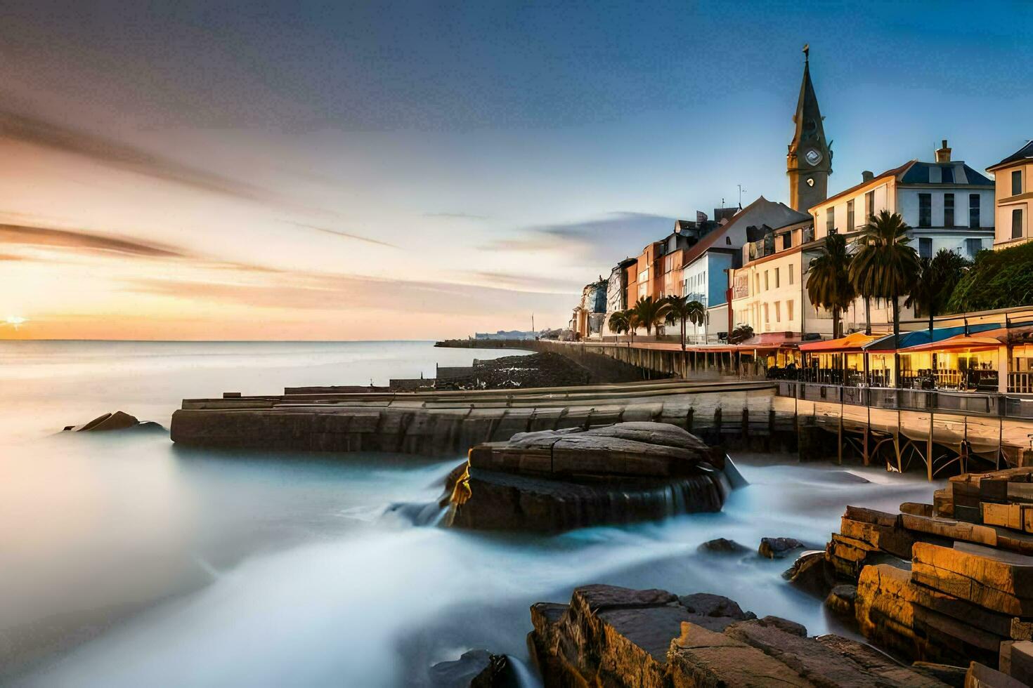 le ville de saint-laurent-du-lac, France, à le coucher du soleil. généré par ai photo