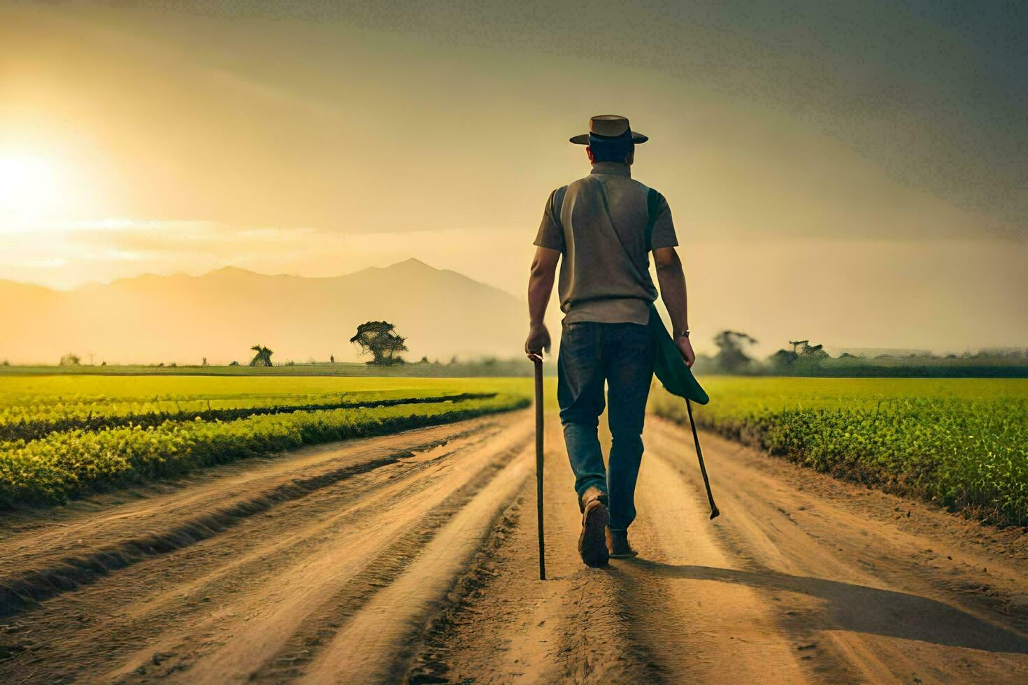 une homme en marchant à travers une saleté route avec une canne. généré par ai photo