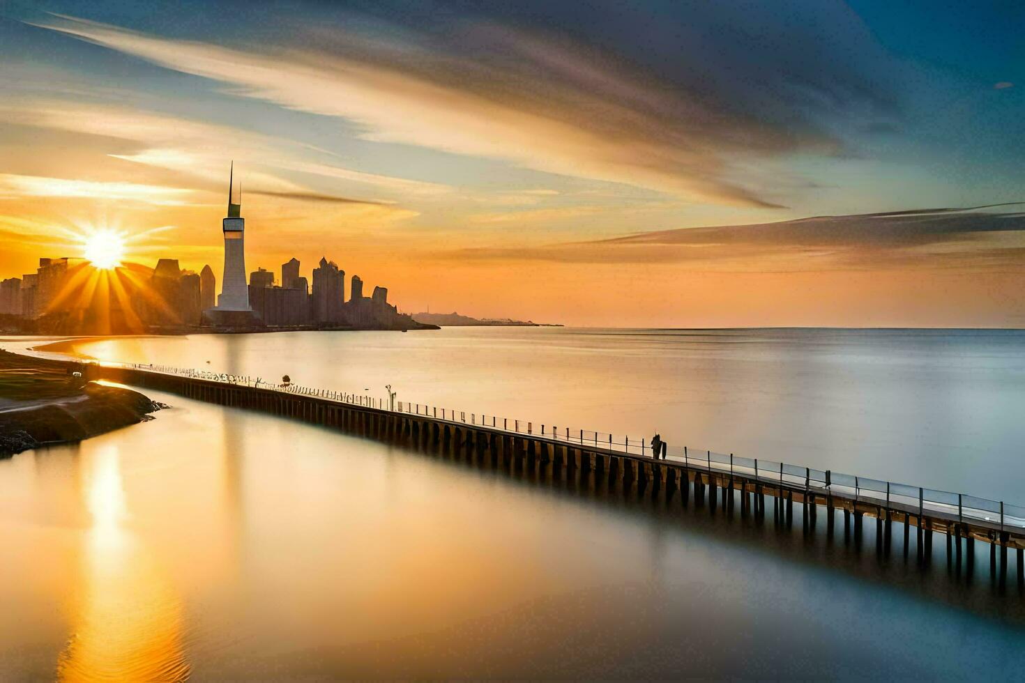 le Soleil ensembles plus de le ville horizon dans cette photo. généré par ai photo