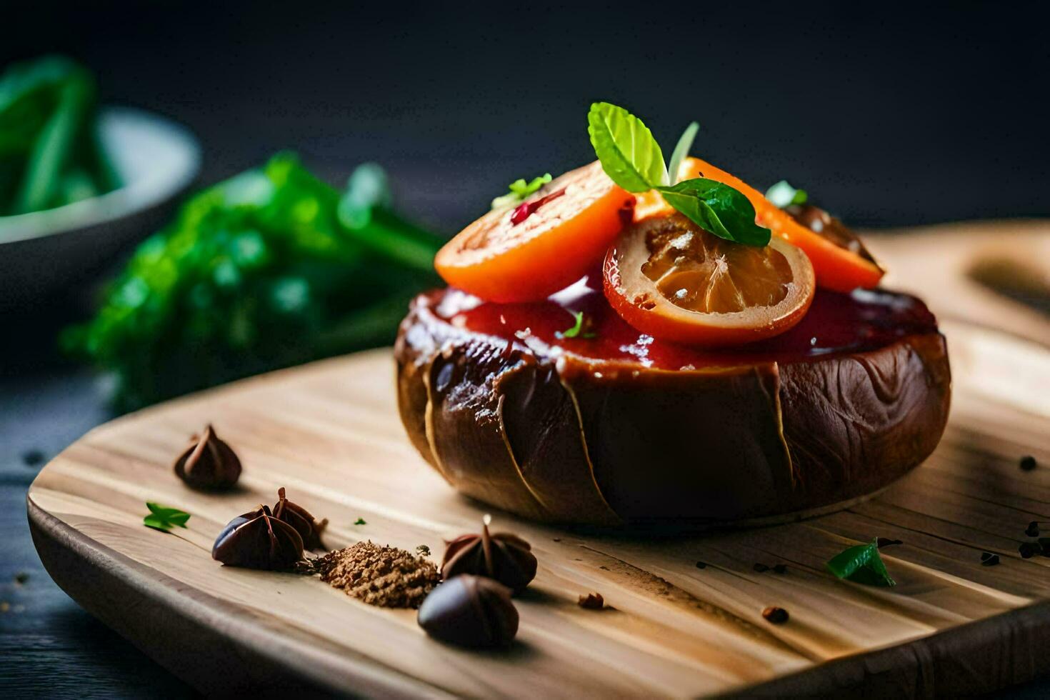 une tomate et fromage farci aubergine sur une en bois Coupe planche. généré par ai photo