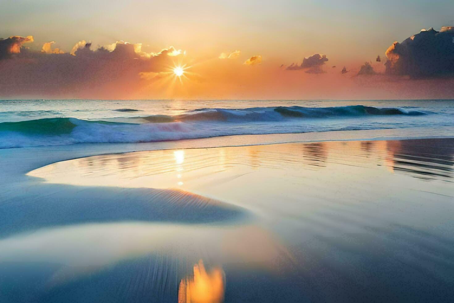 le Soleil monte plus de le océan et vagues sur une plage. généré par ai photo