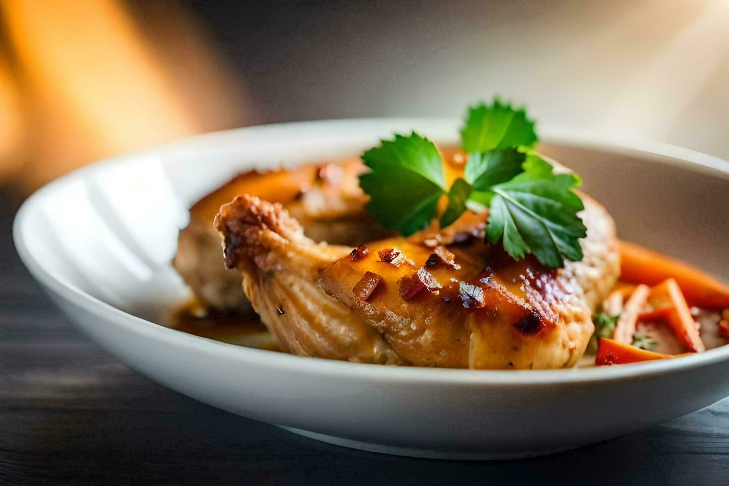 une assiette de poulet avec des légumes et herbes. généré par ai photo