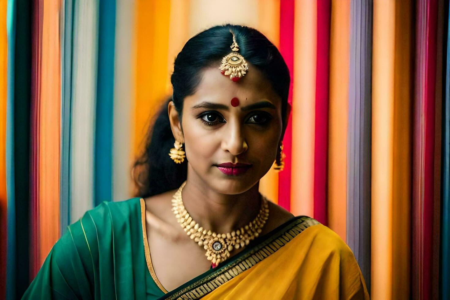 une magnifique Indien femme dans une coloré sari. généré par ai photo