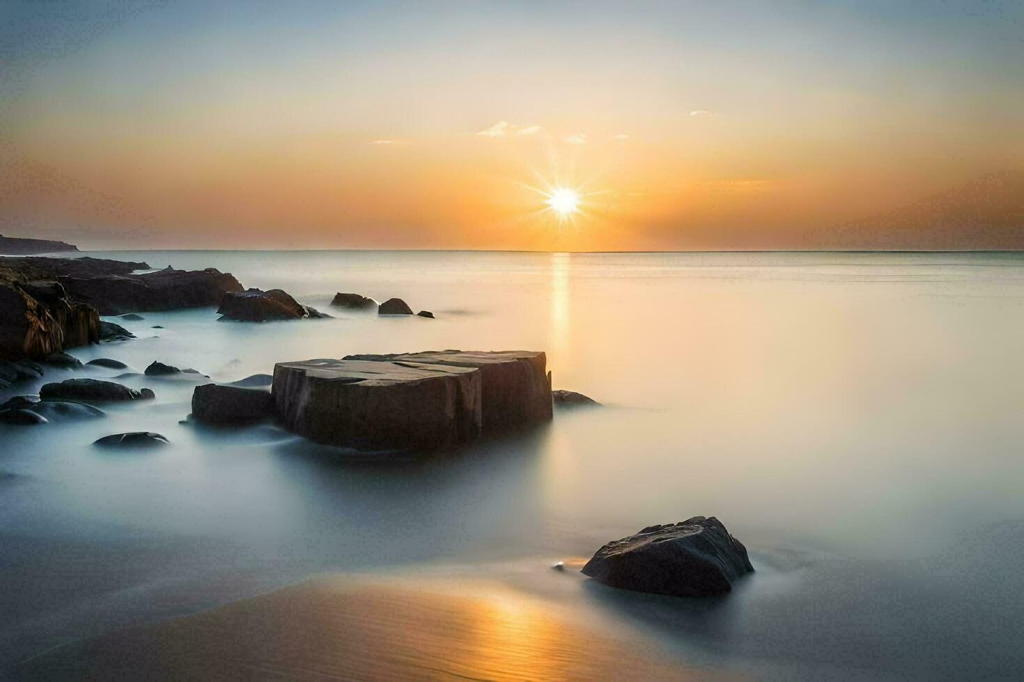 le Soleil monte plus de le océan et rochers dans le l'eau. généré par ai photo