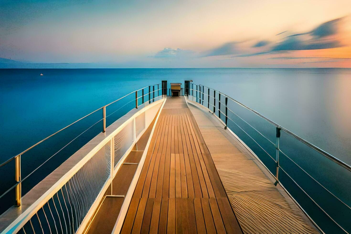 une longue en bois Dock pistes à le océan à le coucher du soleil. généré par ai photo