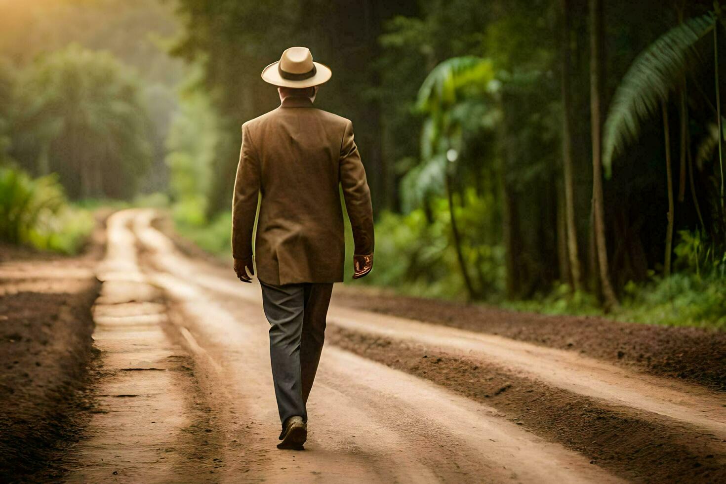 une homme dans une costume et chapeau en marchant vers le bas une saleté route. généré par ai photo