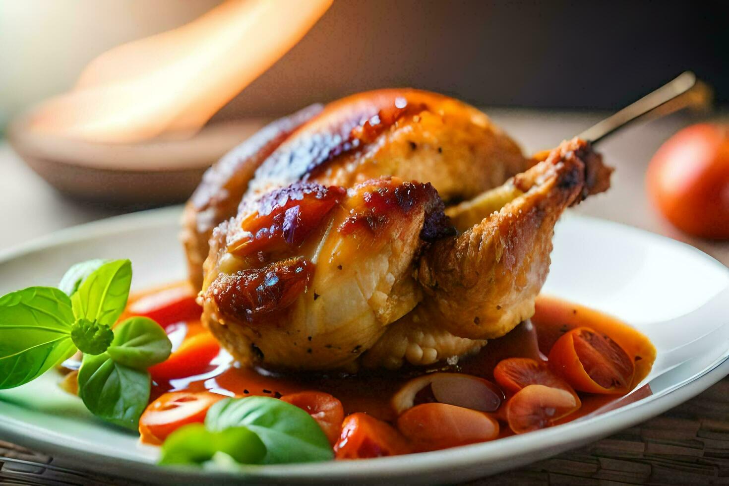 une poulet avec sauce et tomates sur une plaque. généré par ai photo