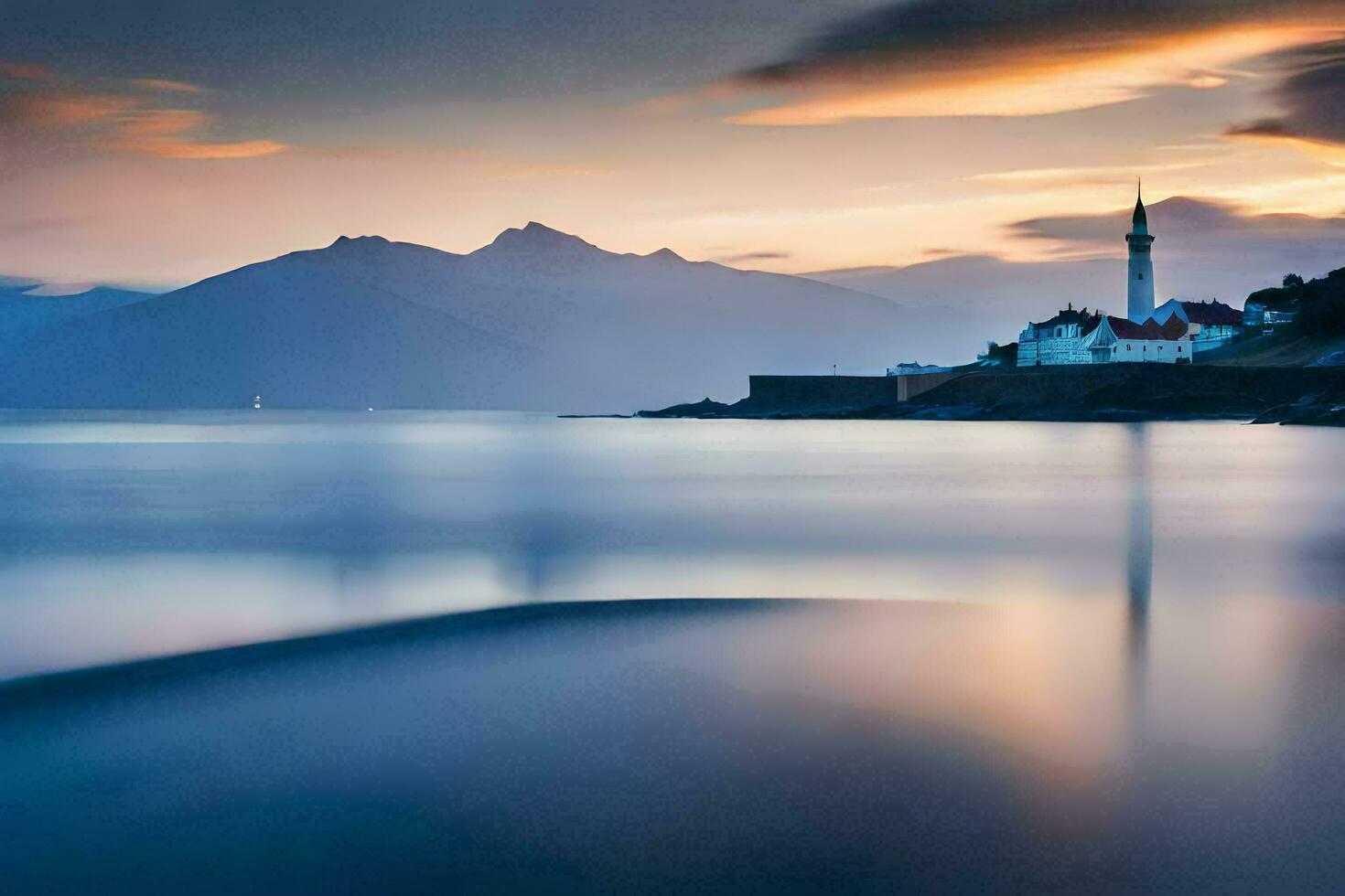 une phare dans le milieu de le océan à le coucher du soleil. généré par ai photo