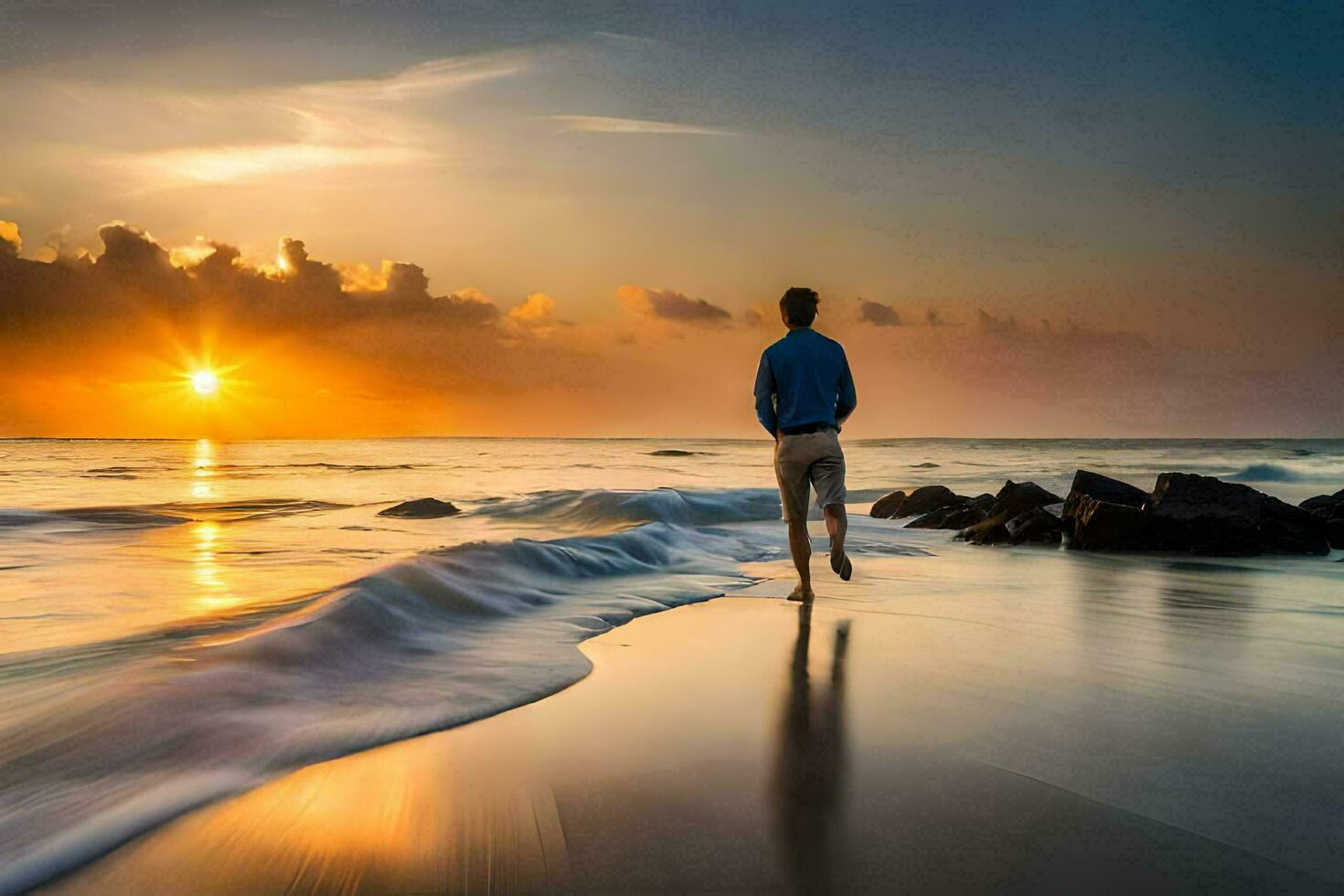 une homme en marchant sur le plage à le coucher du soleil. généré par ai photo