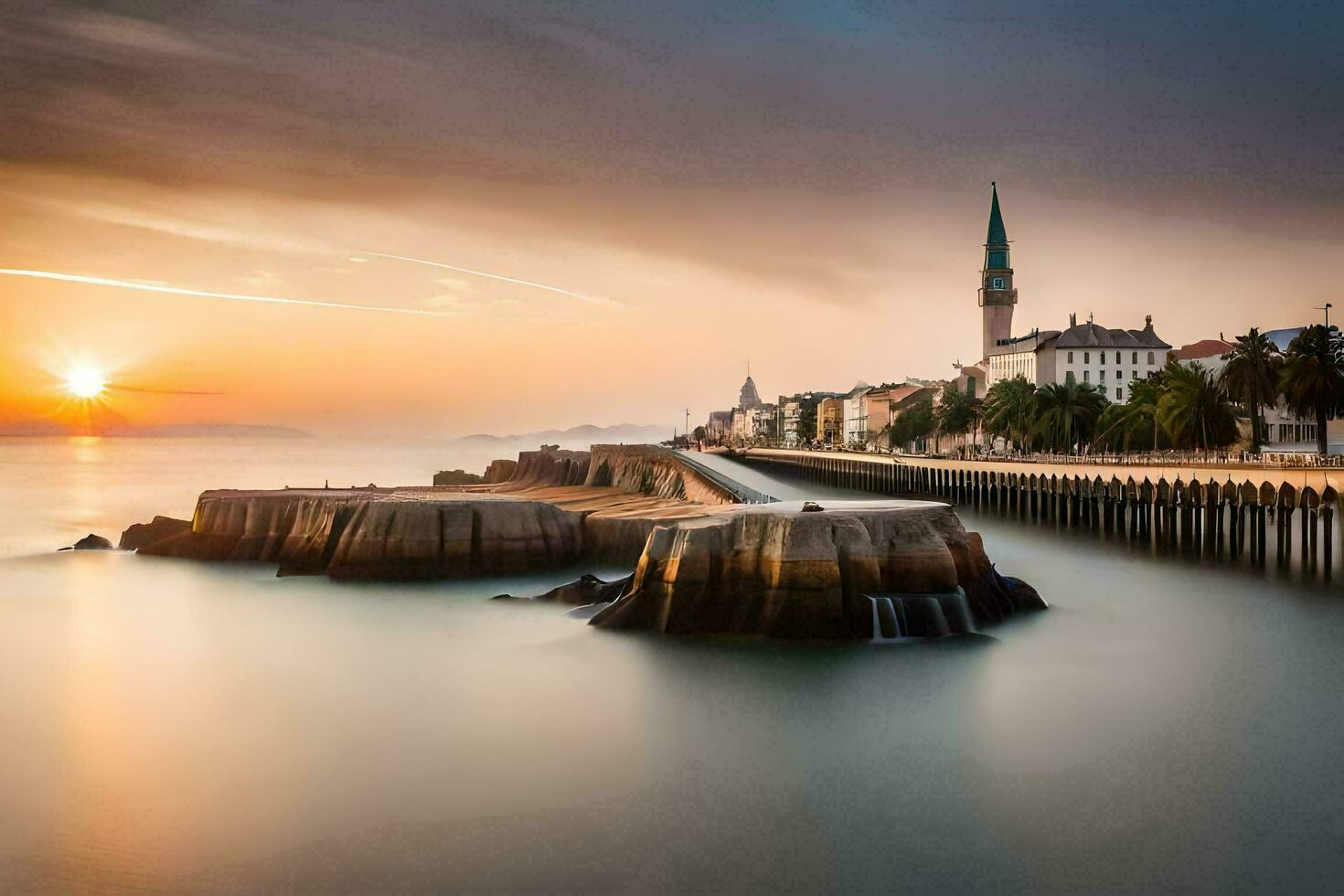 une longue exposition photographier de une ville à le coucher du soleil. généré par ai photo