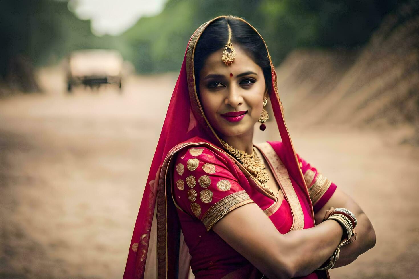 une femme dans traditionnel Indien tenue pose pour une portrait. généré par ai photo