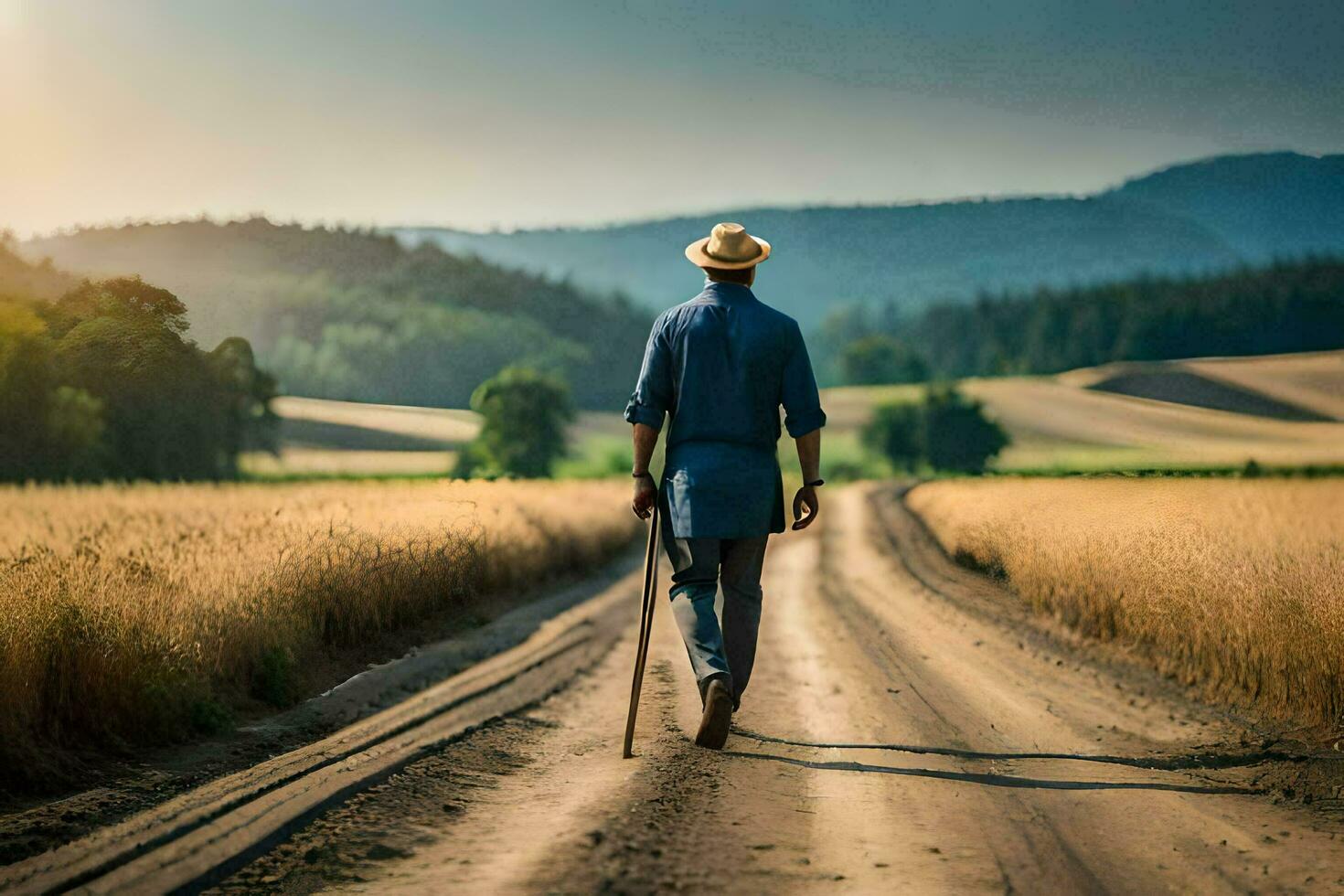 une homme en marchant vers le bas une saleté route avec une canne. généré par ai photo