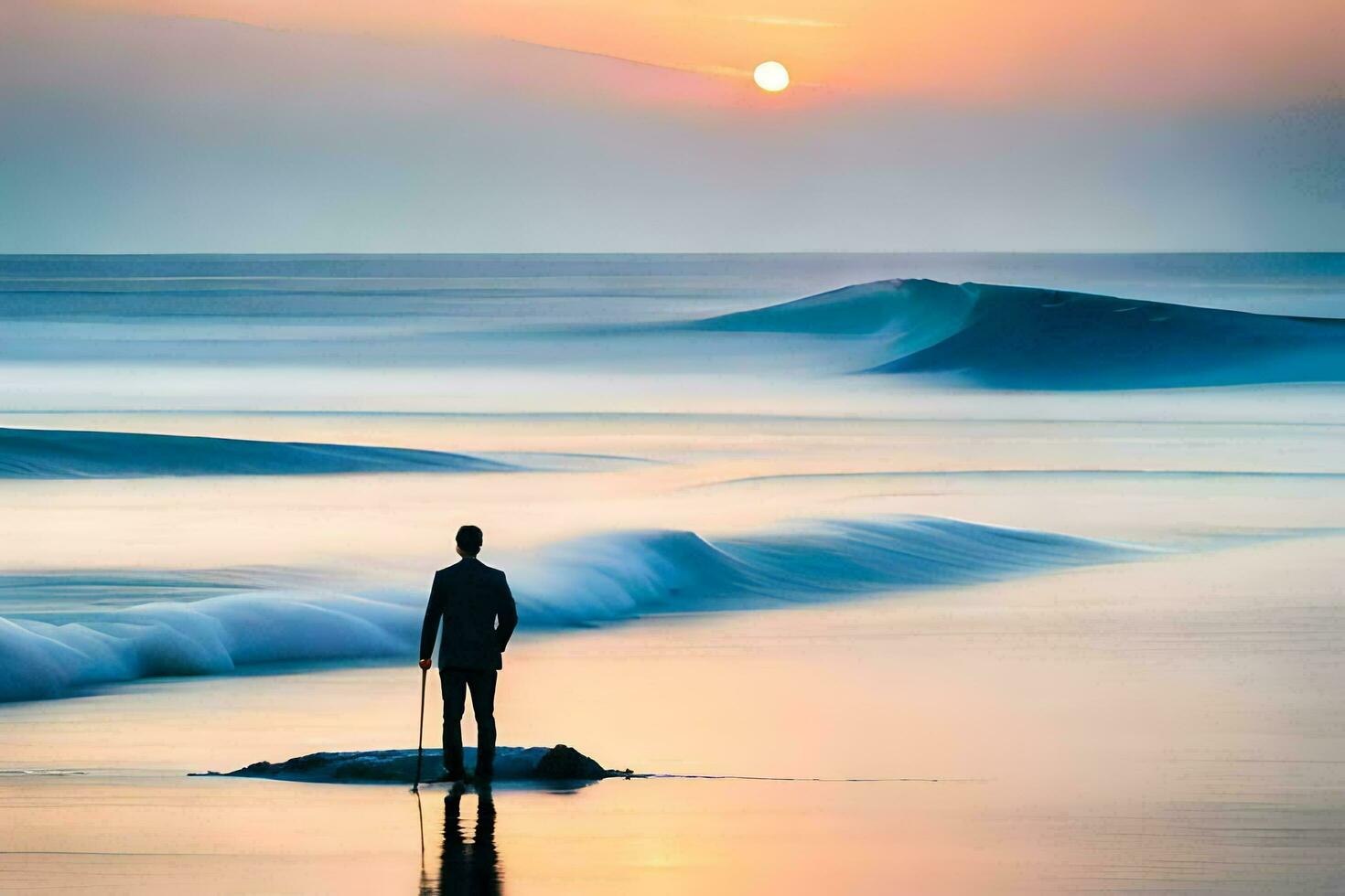 une homme des stands sur une Roche dans le océan à le coucher du soleil. généré par ai photo