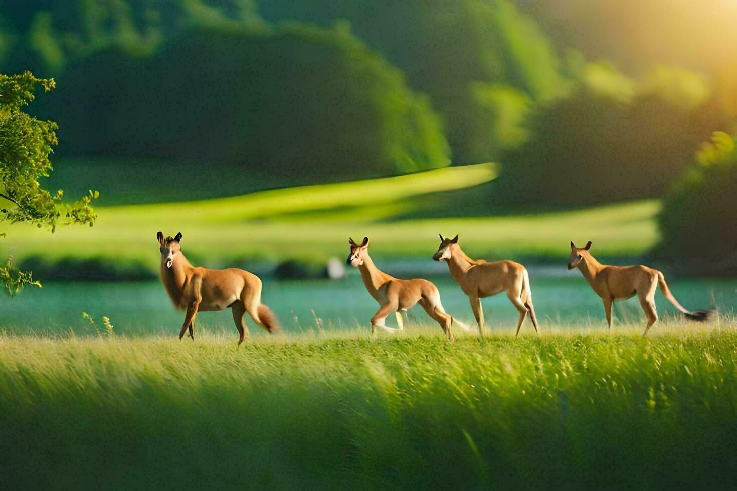 quatre cerf sont en marchant dans le herbe près une lac. généré par ai photo