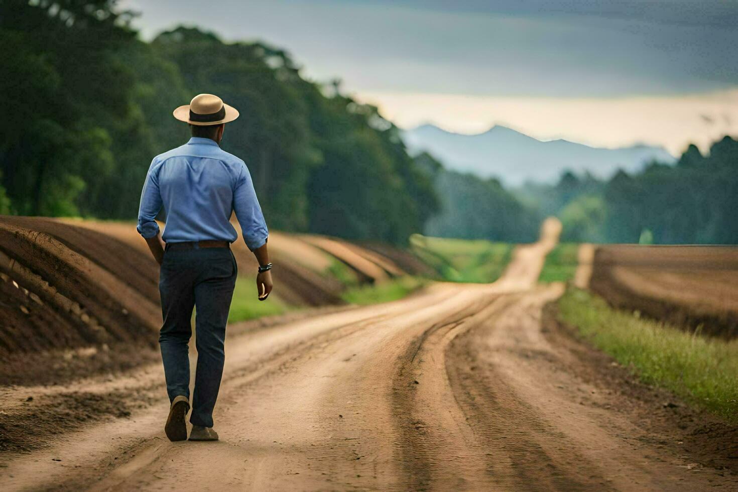 une homme dans une chapeau des promenades vers le bas une saleté route. généré par ai photo