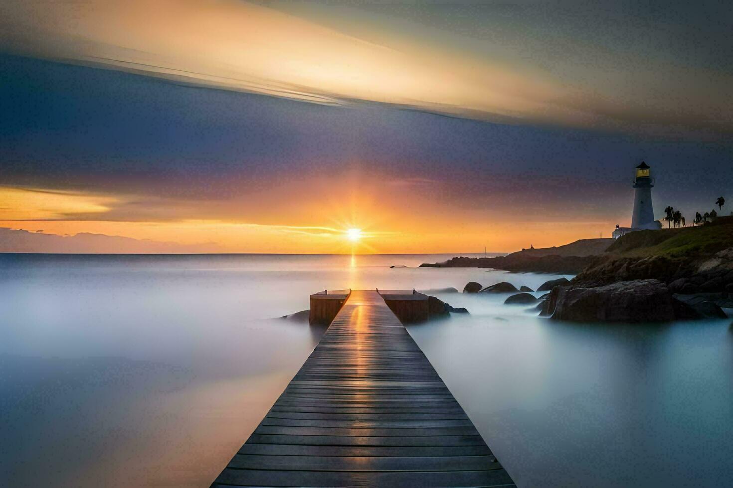 une longue jetée avec une phare à le coucher du soleil. généré par ai photo