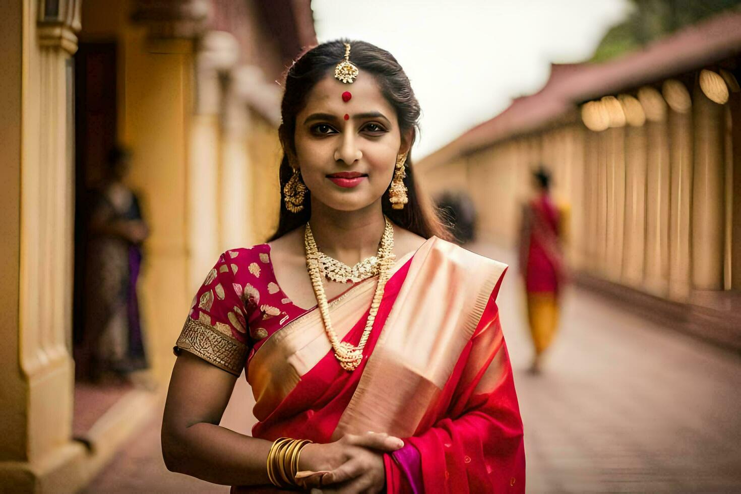 une magnifique Indien femme dans une rouge sari. généré par ai photo